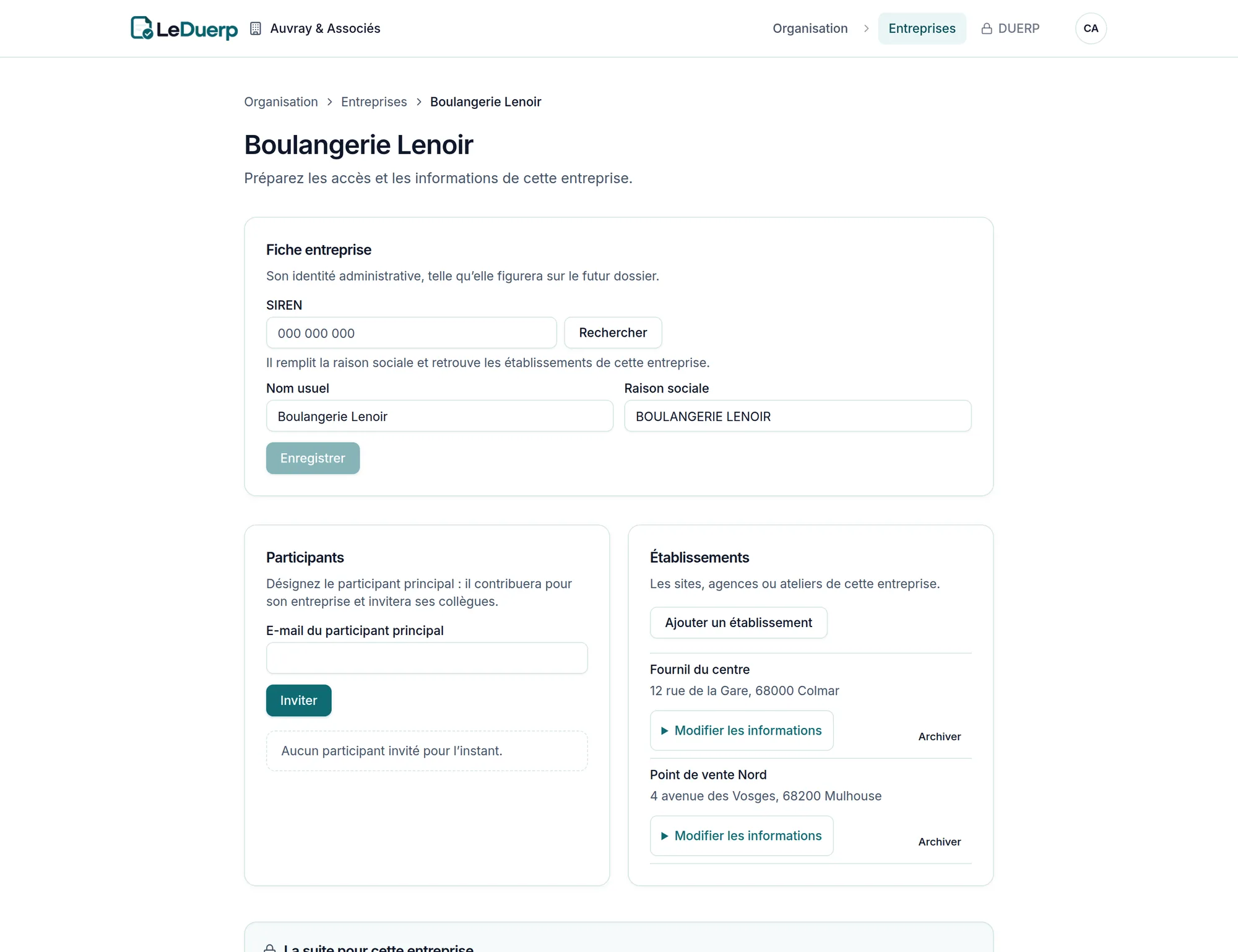 L’écran d’une entreprise cliente : sa fiche d’identité, ses participants et ses établissements.