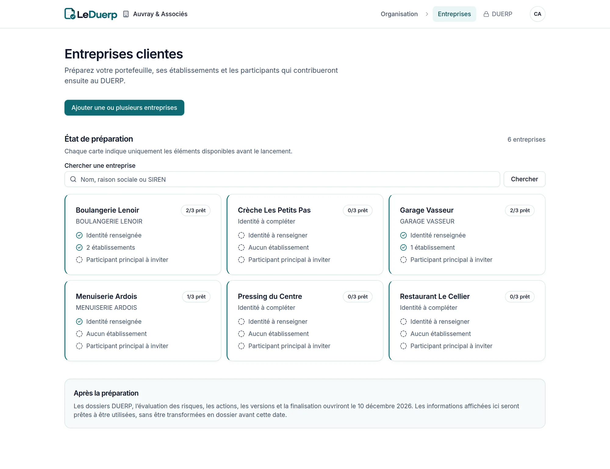 L’écran des entreprises clientes de LeDuerp : six entreprises, chacune avec son état de préparation : identité, établissements et participant principal.